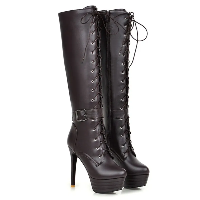 Thick platform stiletto heels knee high combat boots