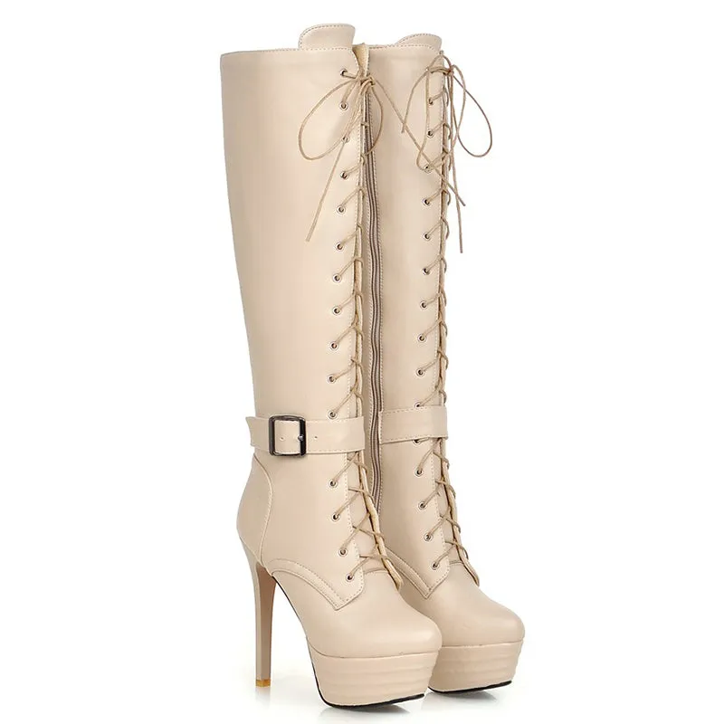Thick platform stiletto heels knee high combat boots