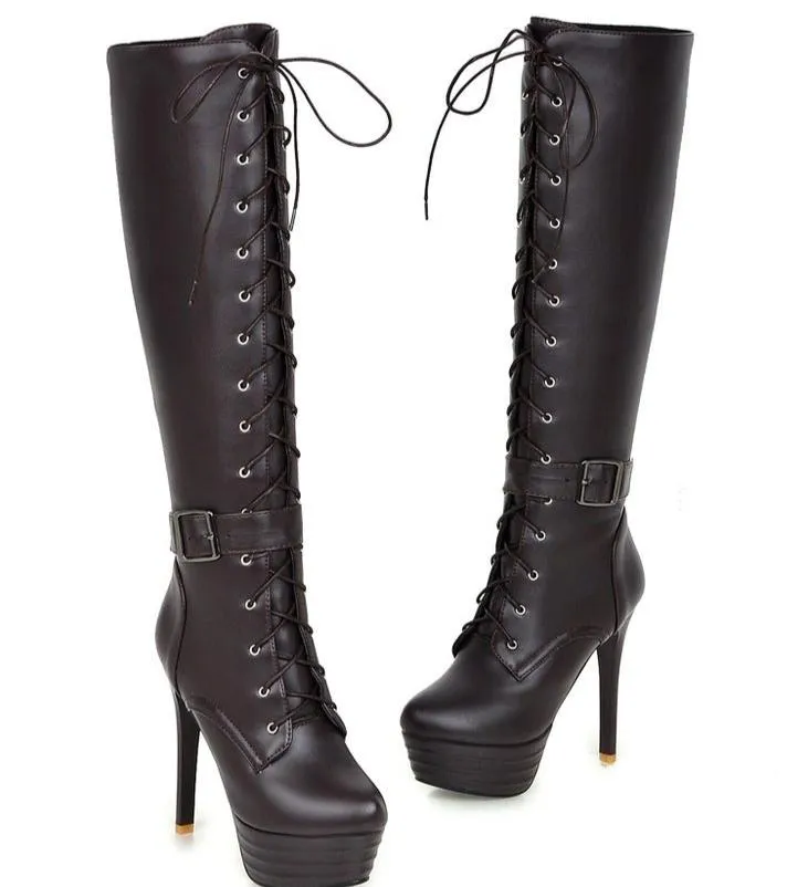 Thick platform stiletto heels knee high combat boots