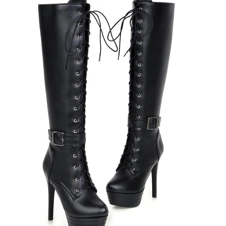 Thick platform stiletto heels knee high combat boots