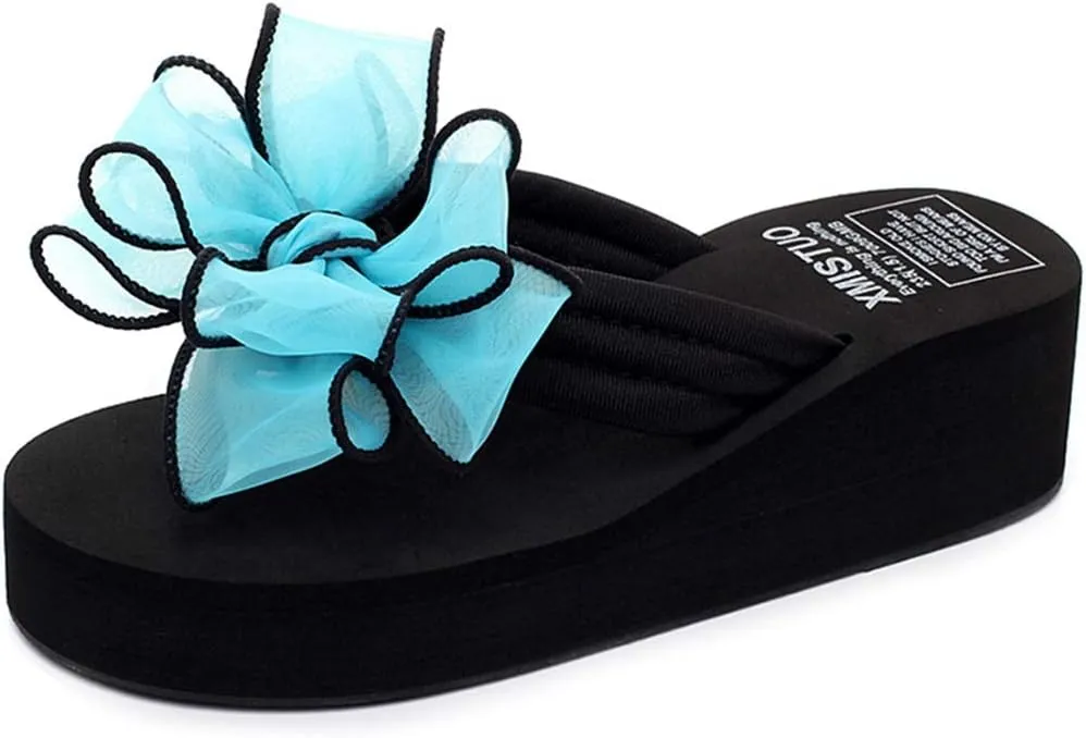 VOKLIN Women's Fashion Bohemian Bowknot Wedge Flipflops Sandals Comfort Nonslip Platform Summer Beach Sandal