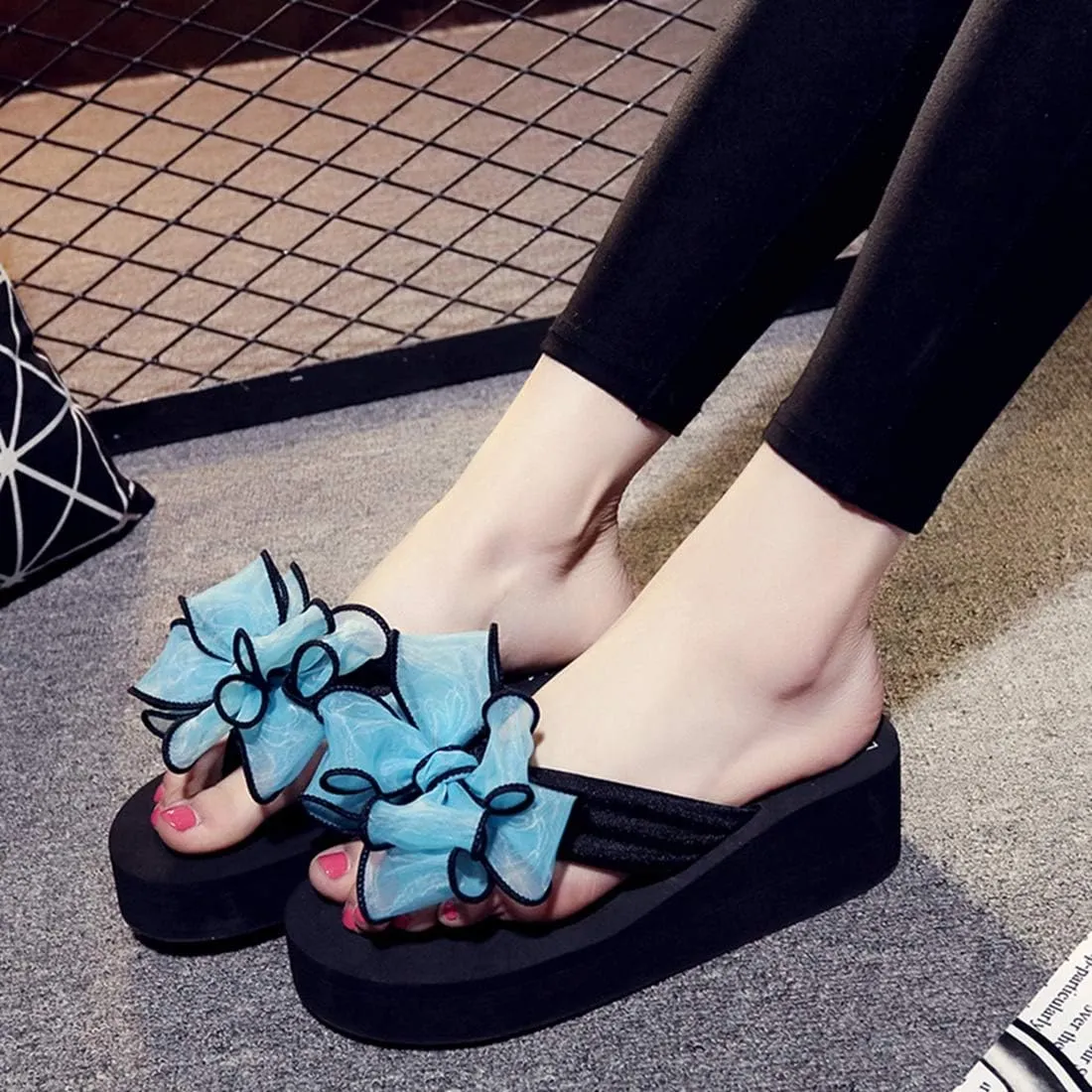 VOKLIN Women's Fashion Bohemian Bowknot Wedge Flipflops Sandals Comfort Nonslip Platform Summer Beach Sandal