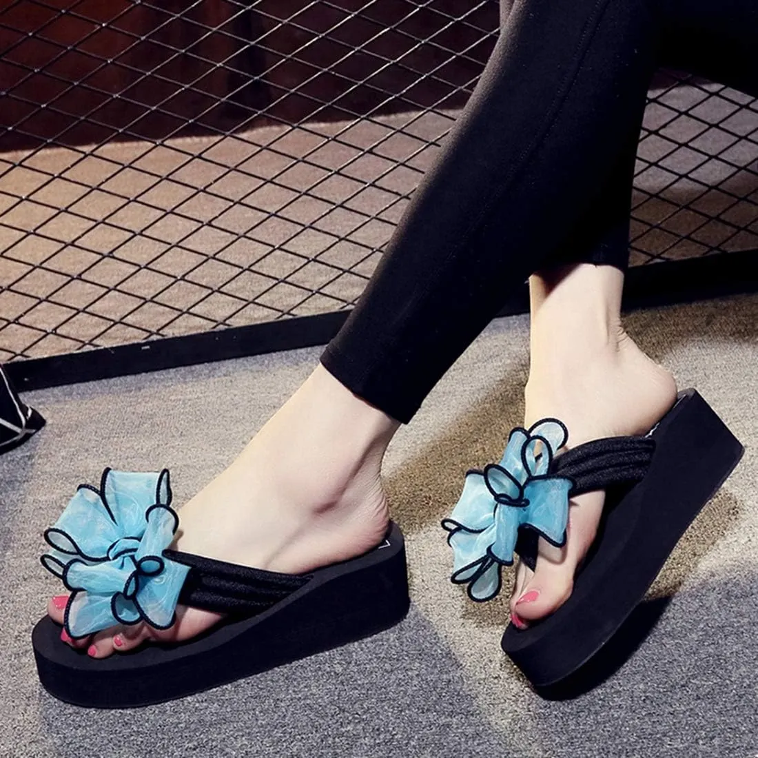 VOKLIN Women's Fashion Bohemian Bowknot Wedge Flipflops Sandals Comfort Nonslip Platform Summer Beach Sandal
