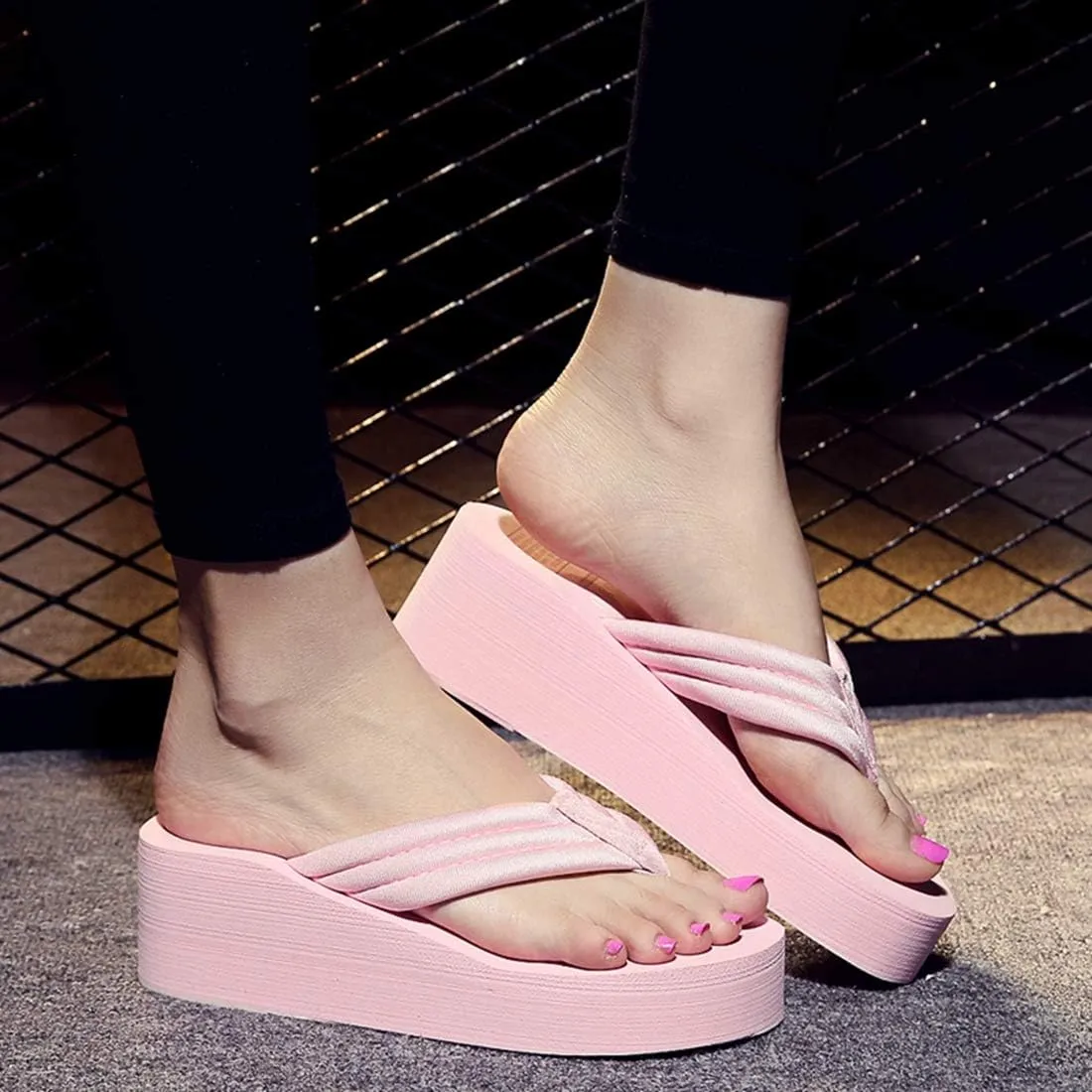 VOKLIN Women's High Heel Wedge Flipflops Sandals Platform Slip On Nonslip Casual Summer Beach Thong Sandal
