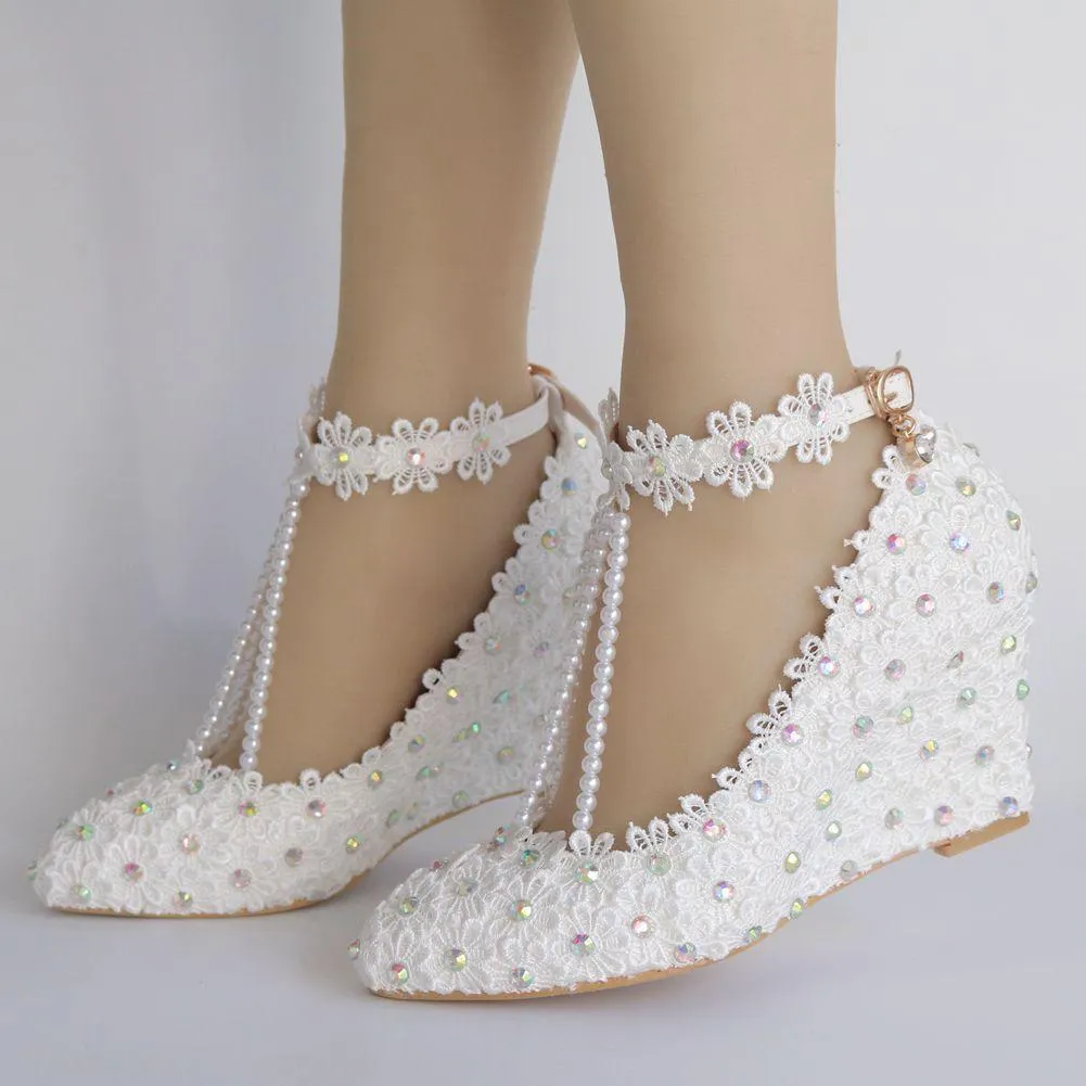 White imitation pearls wedge wedding heels pearls chain ankle buckle strap bridal shoes