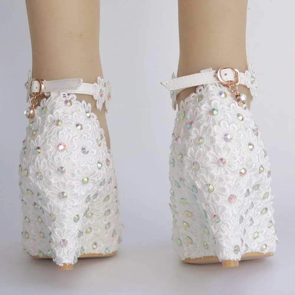 White imitation pearls wedge wedding heels pearls chain ankle buckle strap bridal shoes
