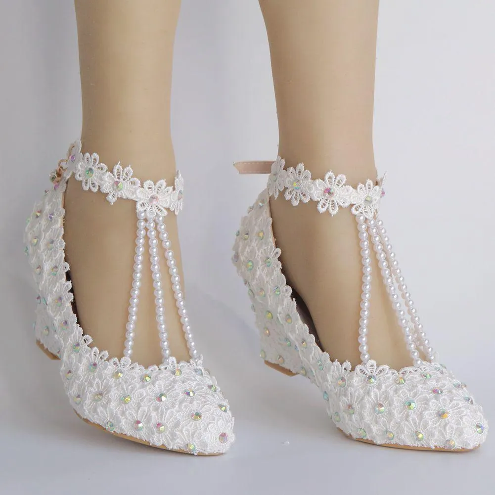 White imitation pearls wedge wedding heels pearls chain ankle buckle strap bridal shoes