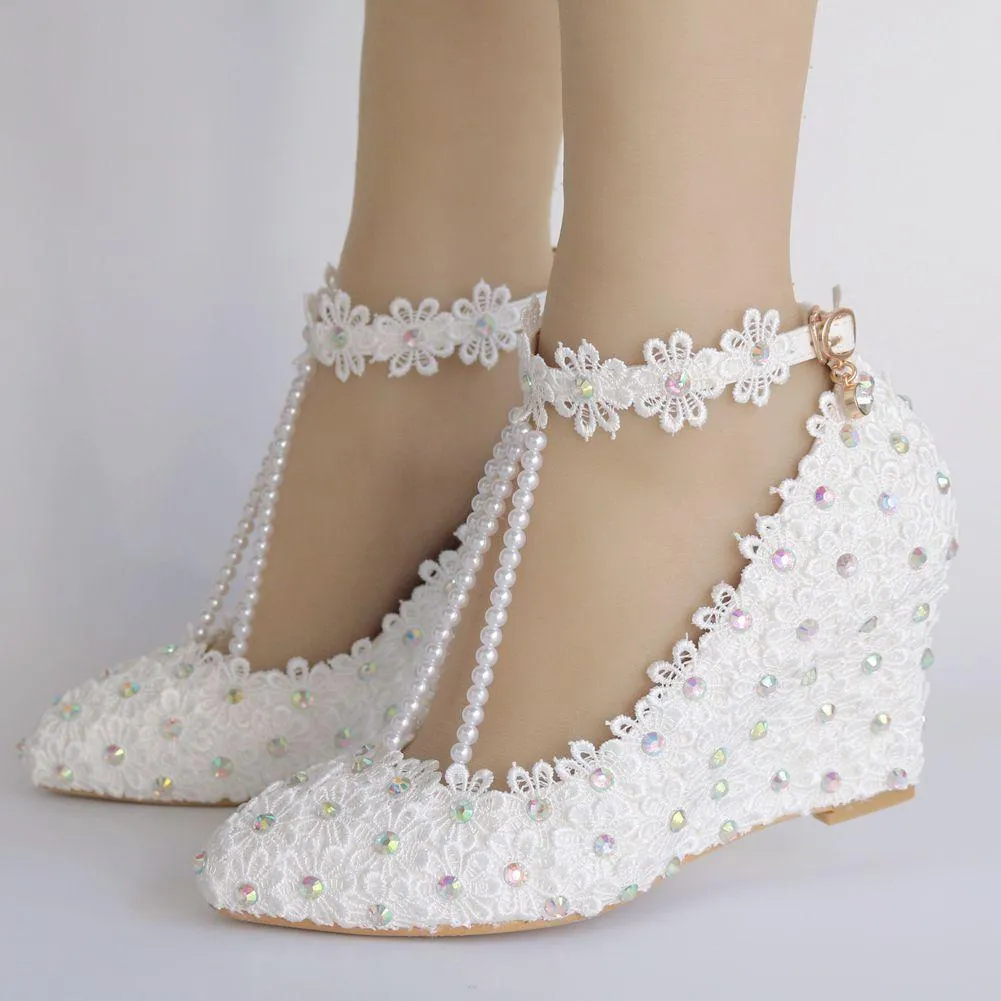 White imitation pearls wedge wedding heels pearls chain ankle buckle strap bridal shoes