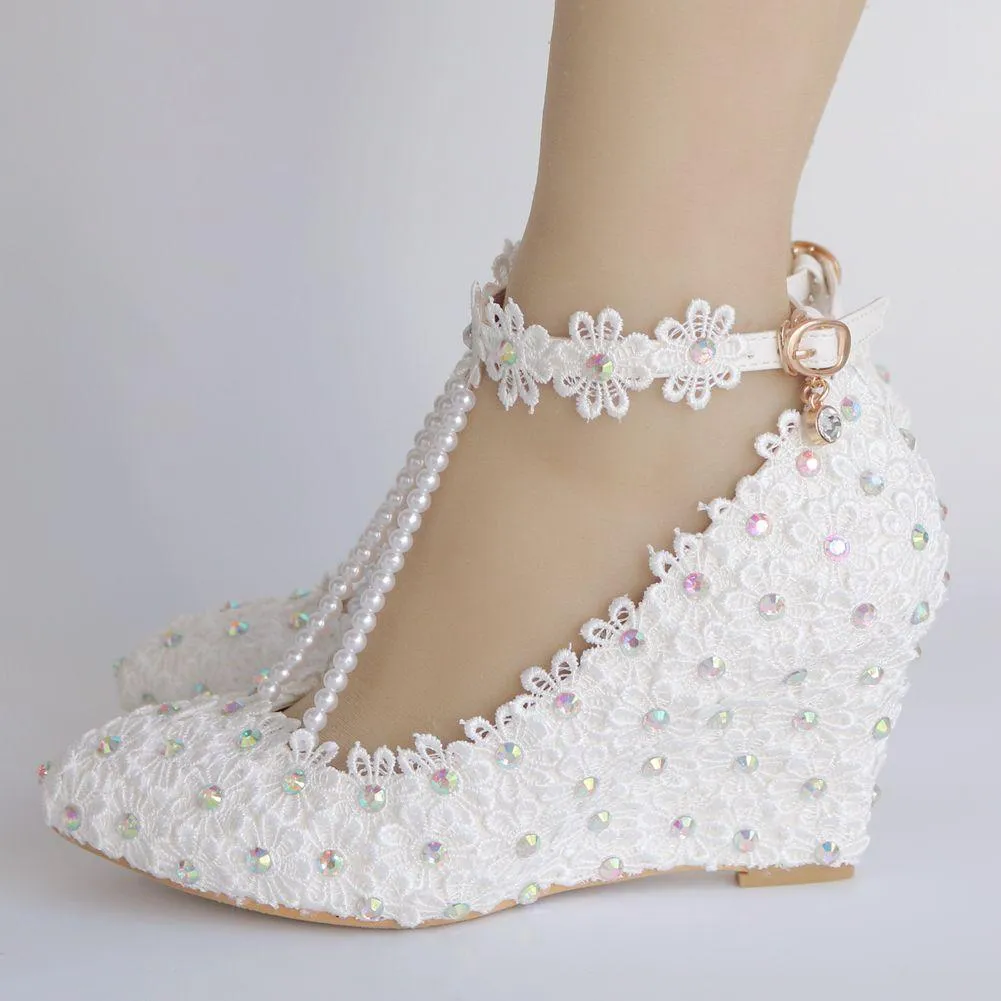 White imitation pearls wedge wedding heels pearls chain ankle buckle strap bridal shoes