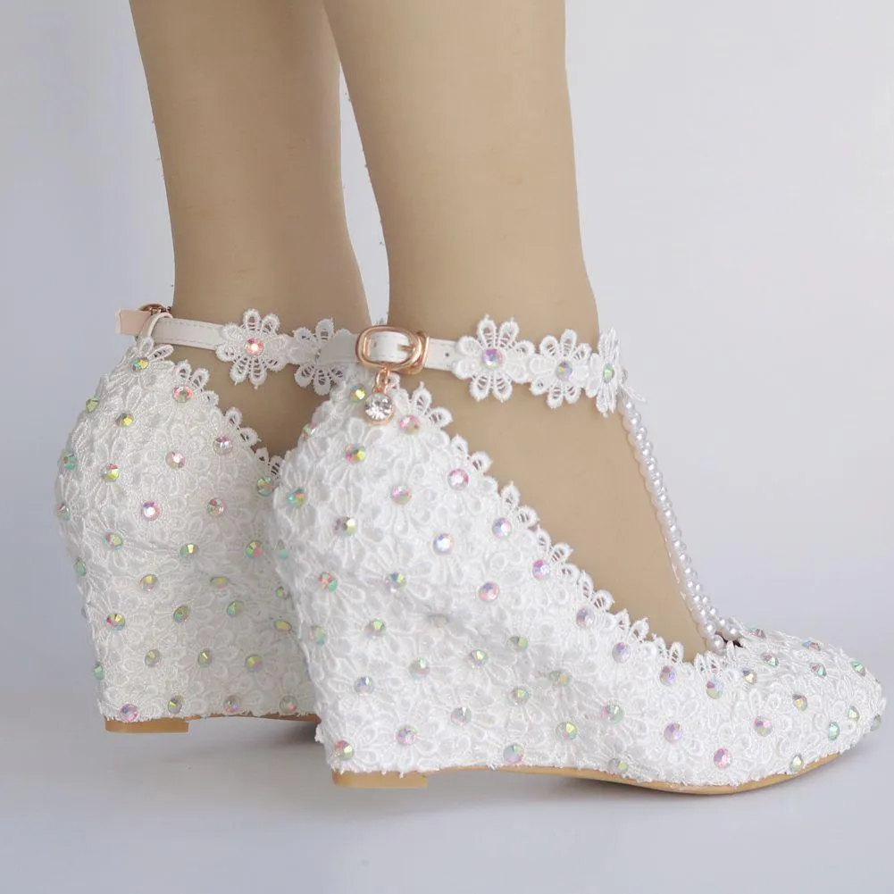 White imitation pearls wedge wedding heels pearls chain ankle buckle strap bridal shoes