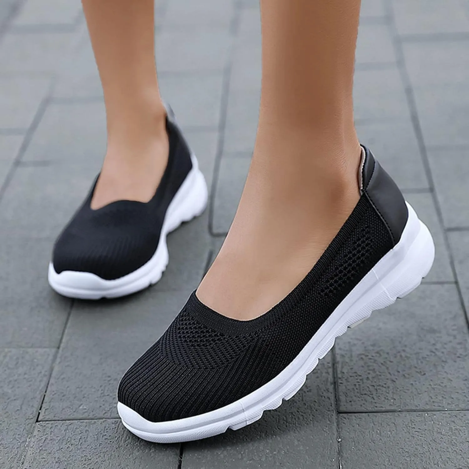 Women Casual Slip On Sneakers Breathable Knit Walking Shoes Lightweight Loafers Non Slip Comfortable Flats
