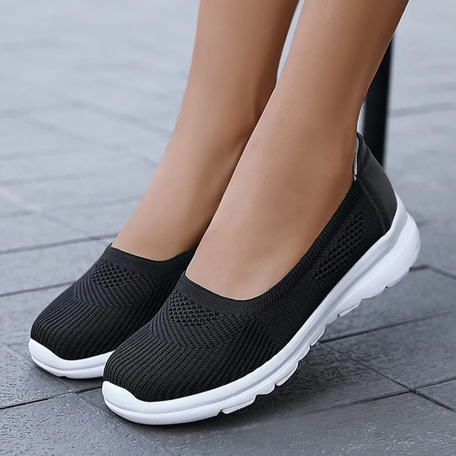 Women Casual Slip On Sneakers Breathable Knit Walking Shoes Lightweight Loafers Non Slip Comfortable Flats