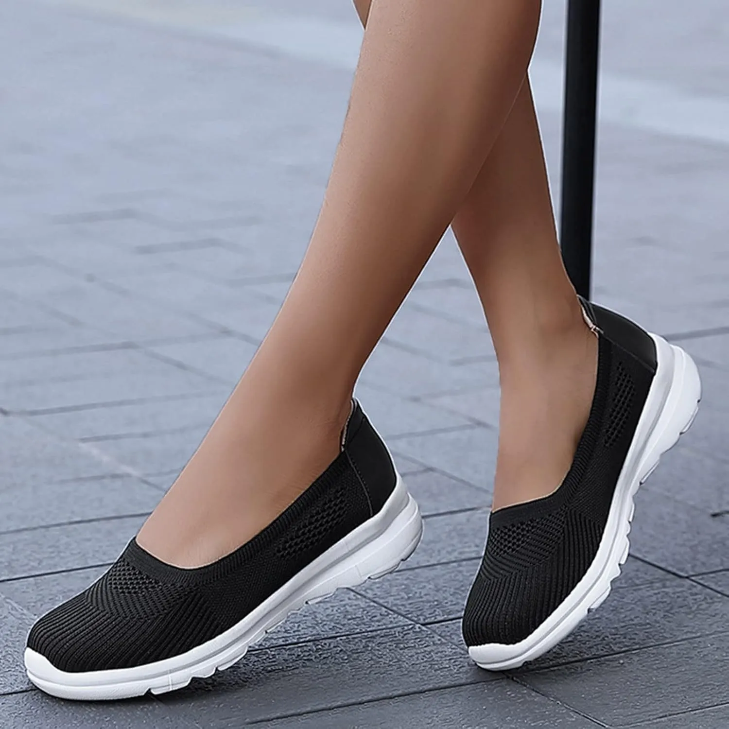 Women Casual Slip On Sneakers Breathable Knit Walking Shoes Lightweight Loafers Non Slip Comfortable Flats