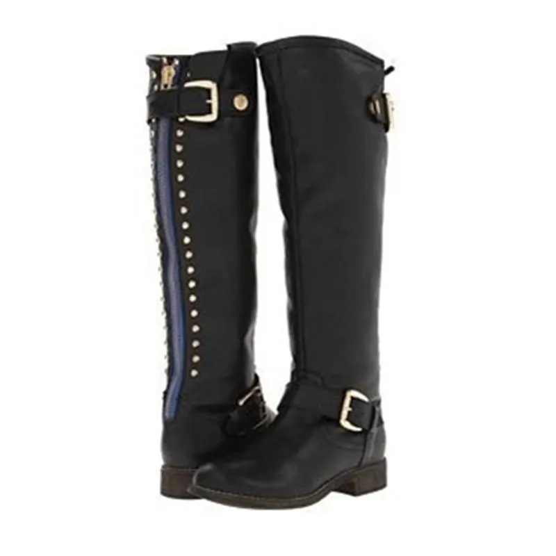 Women retro knee high biker boots | Back zip rivets riding boots