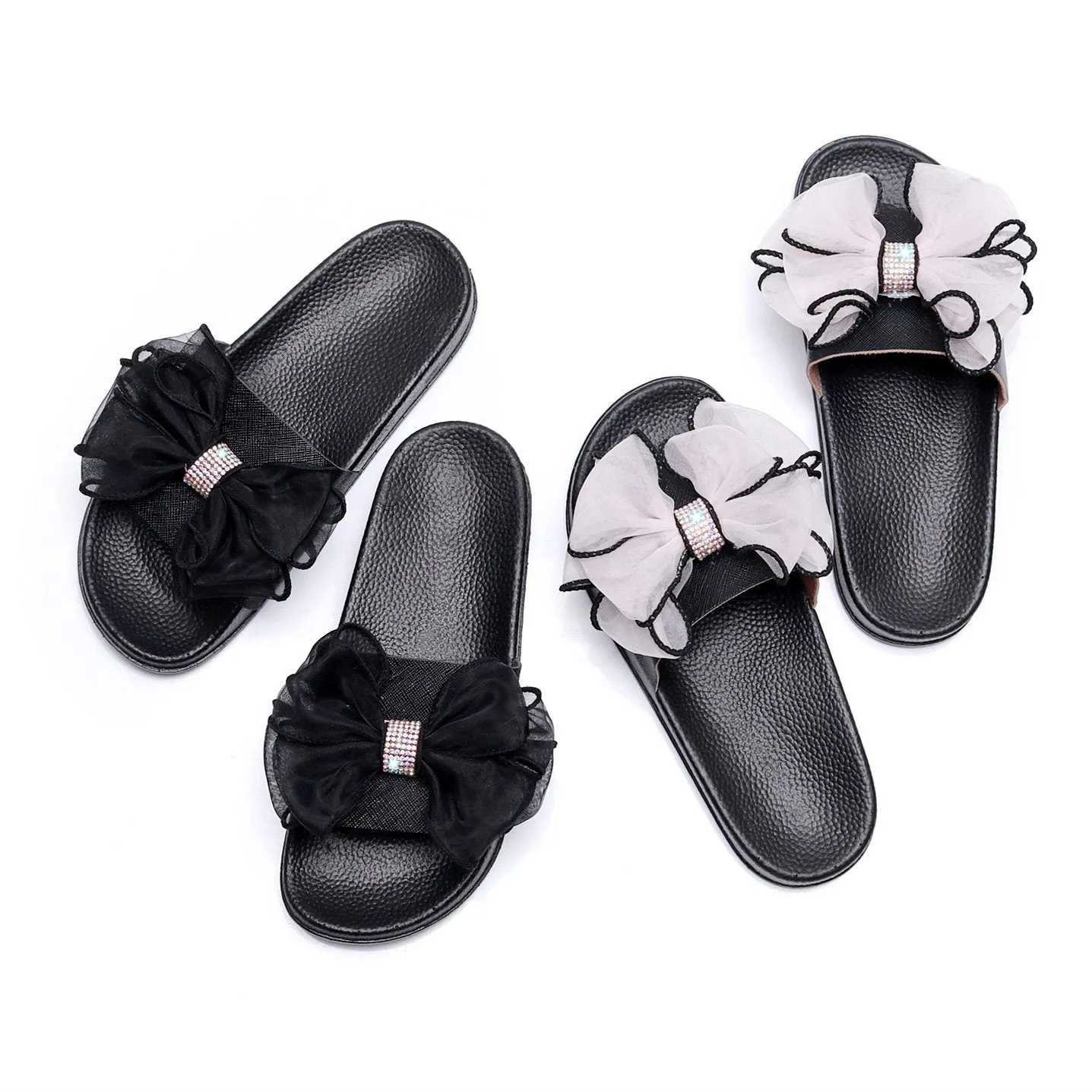 Women rhinestone bowknot strap peep toe slide slippers