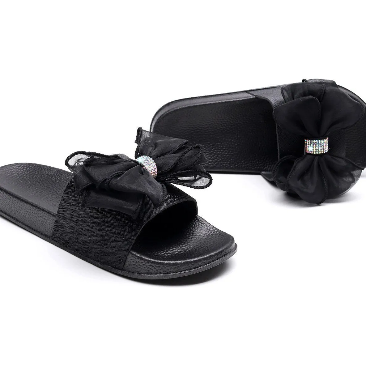 Women rhinestone bowknot strap peep toe slide slippers
