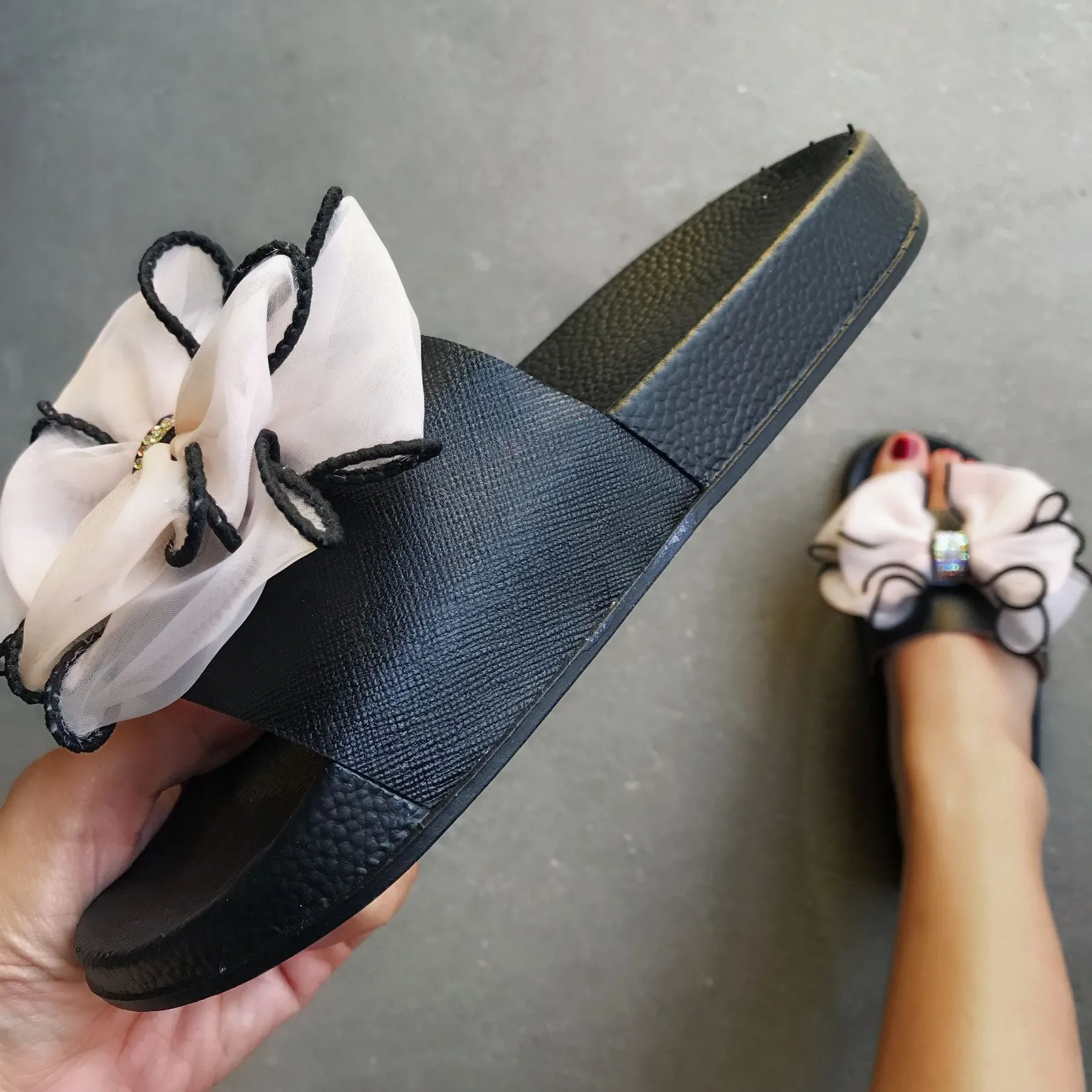 Women rhinestone bowknot strap peep toe slide slippers