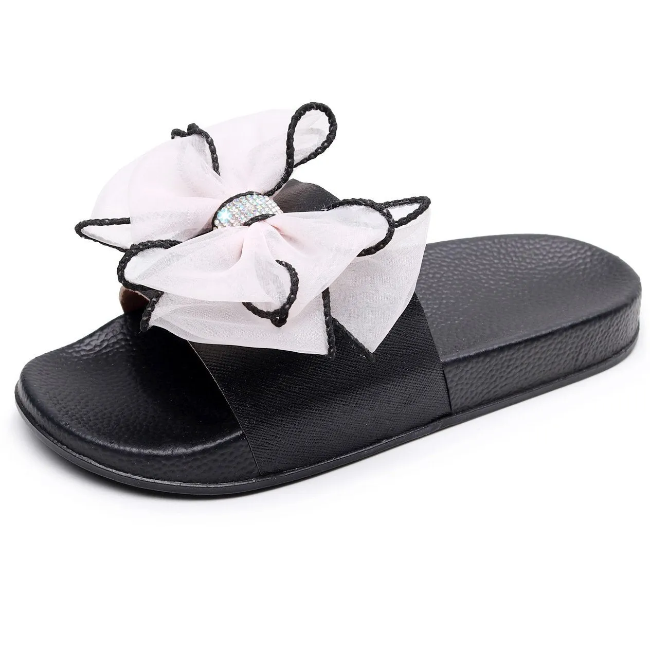 Women rhinestone bowknot strap peep toe slide slippers