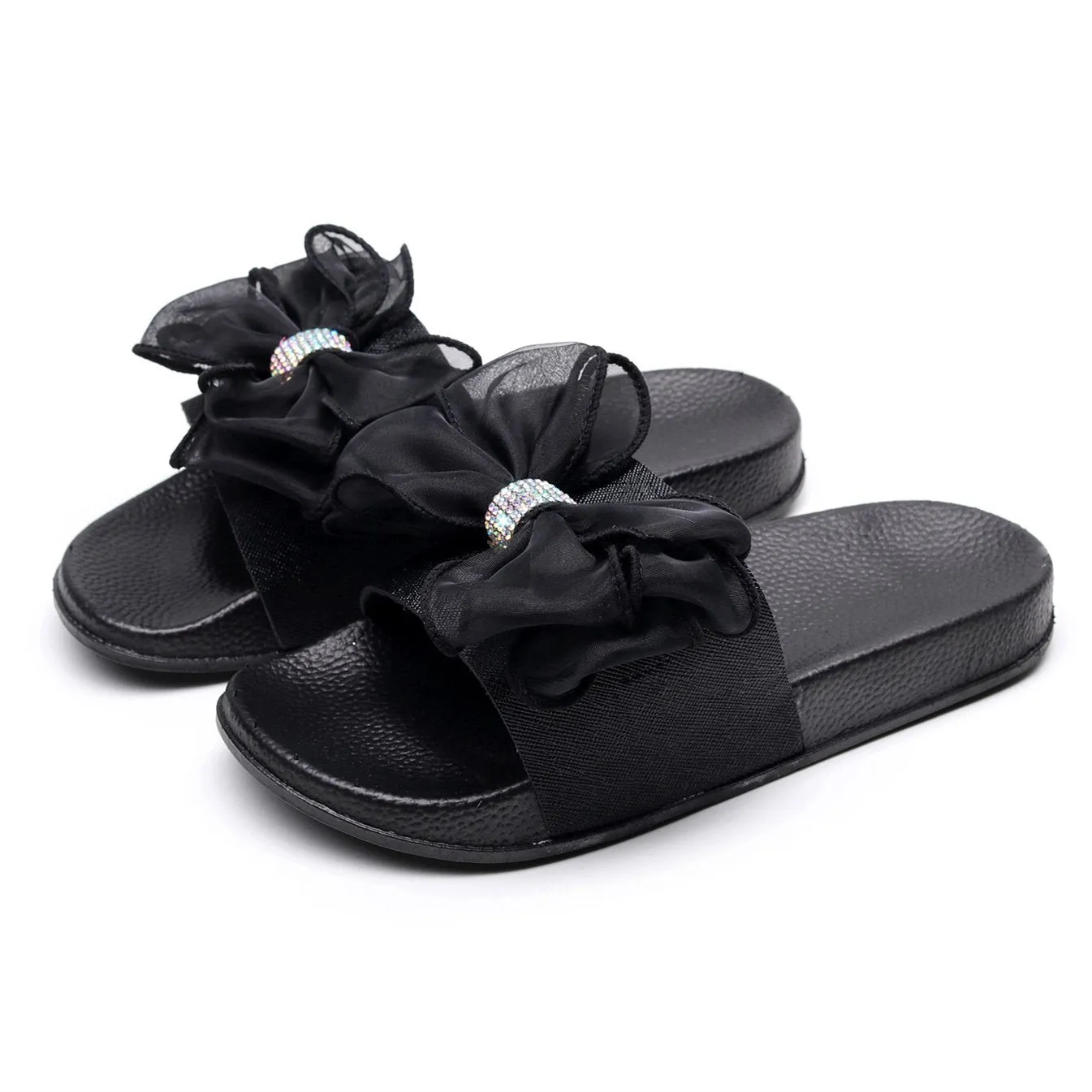 Women rhinestone bowknot strap peep toe slide slippers
