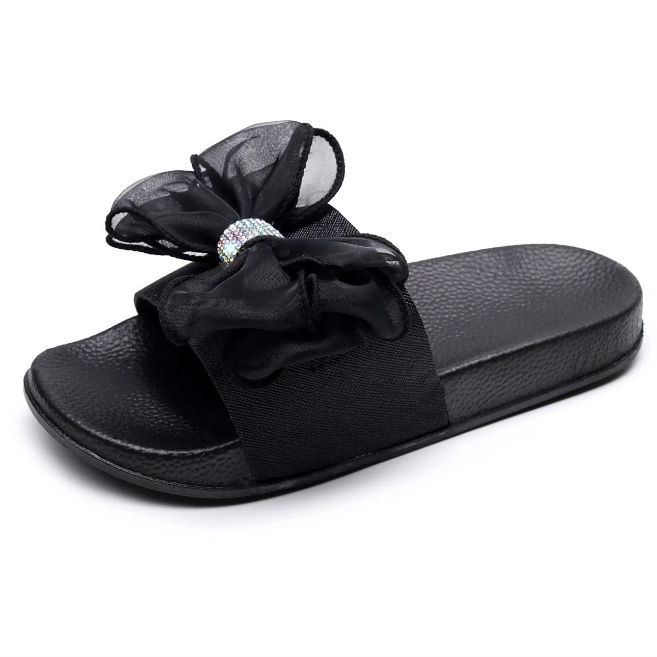 Women rhinestone bowknot strap peep toe slide slippers