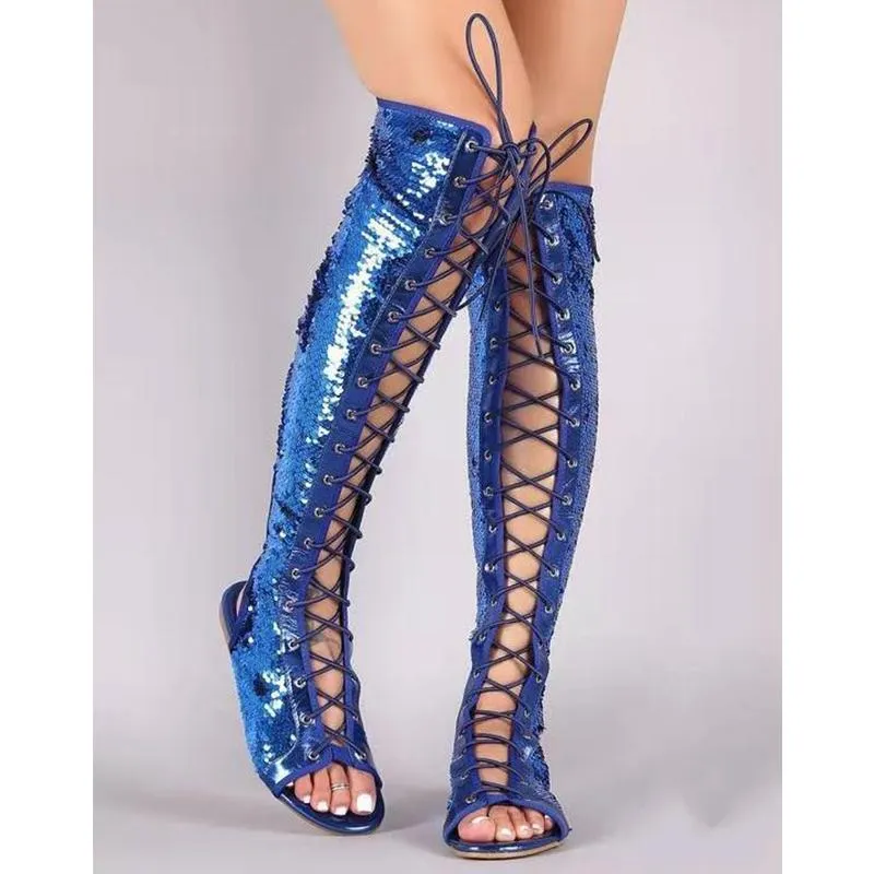 Women's criss front lace peep toe knee high sandals