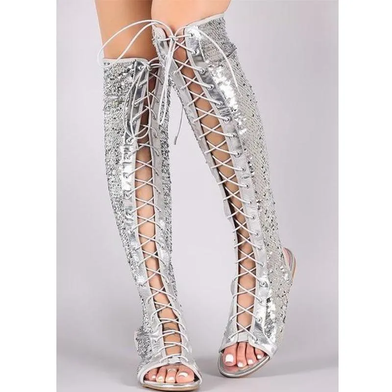 Women's criss front lace peep toe knee high sandals