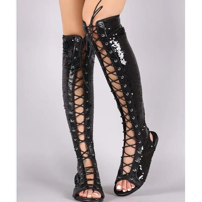 Women's criss front lace peep toe knee high sandals