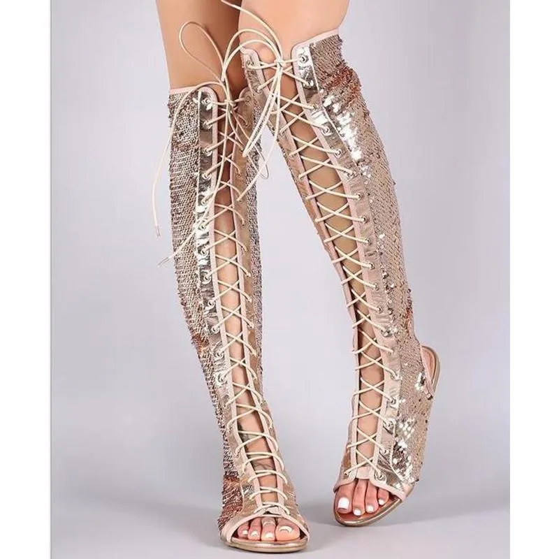 Women's criss front lace peep toe knee high sandals
