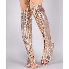 Women's criss front lace peep toe knee high sandals