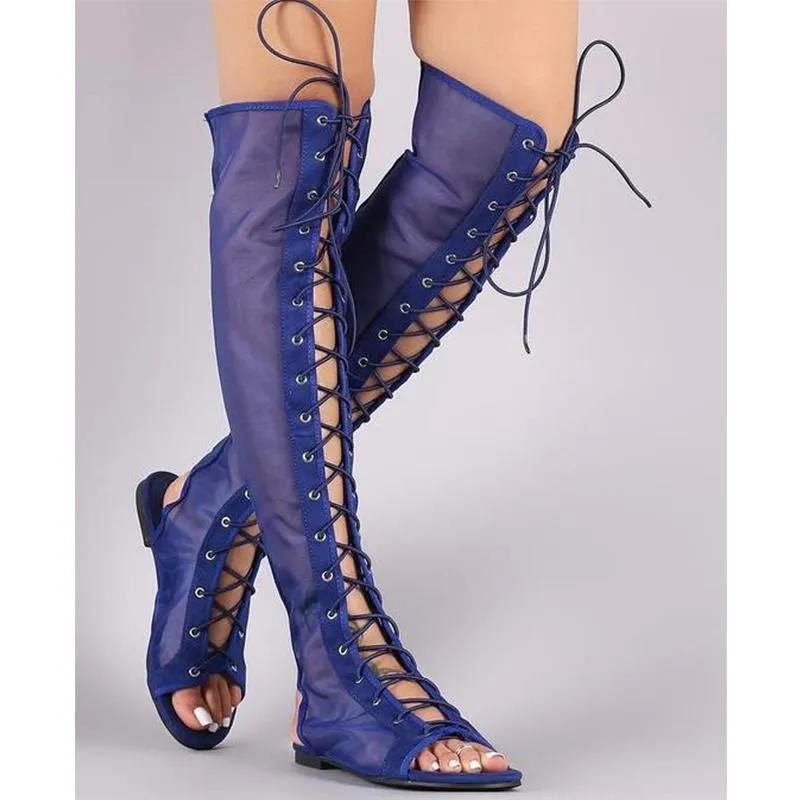 Women's criss front lace peep toe knee high sandals