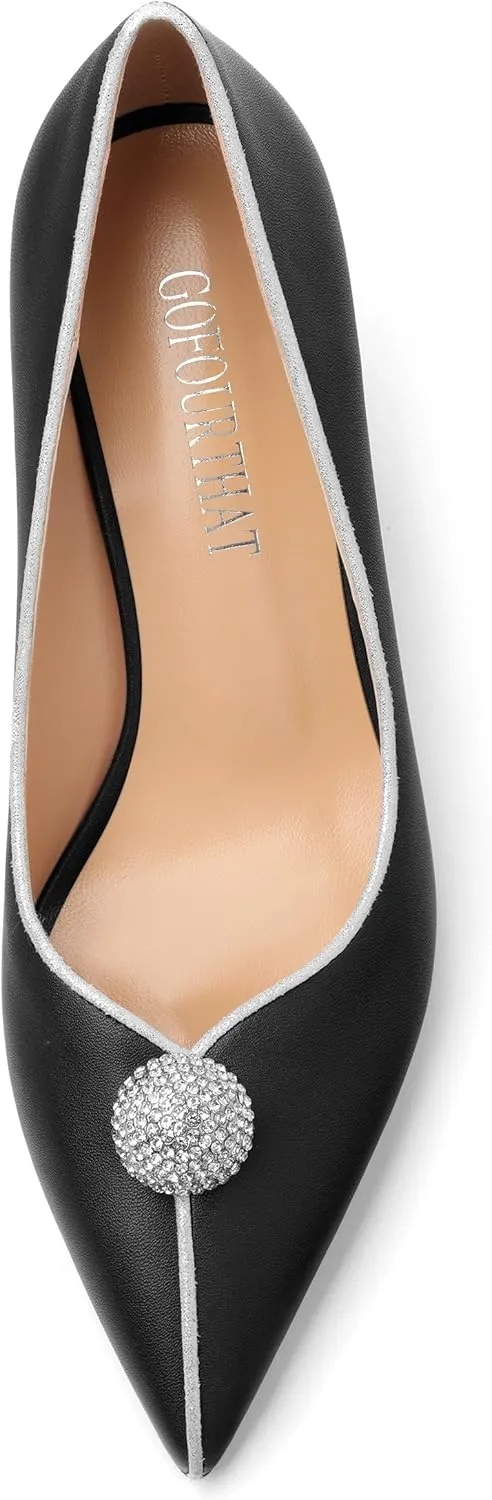 Women's Pointed Toe Heels for Women Stiletto Kitten Heel Slip-on Patent Pumps Elegant Dress Party Wedding Rhinestones Shoes 2.5 inch