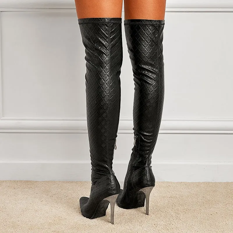 Women's qulited black stretchy stiletto thigh high boots | Sexy pointed toe over the knee boots