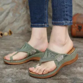 Women's ring toe flip flop wedge flower embroidery slides
