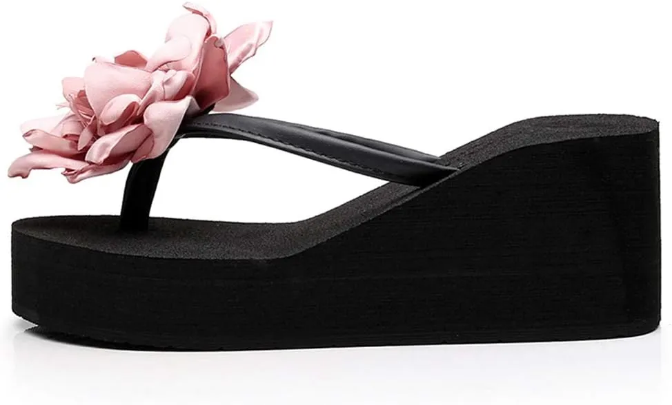 Women's Wedge High Heel Flower Flipflops Trendy Summer Platform Comfort Nonslip Beach Thong Sandals