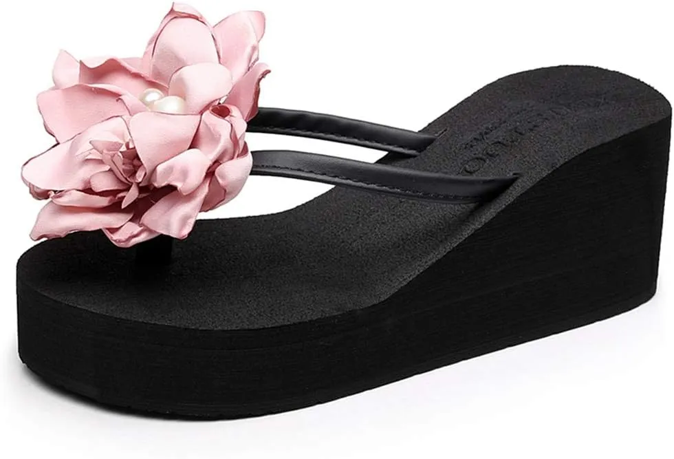 Women's Wedge High Heel Flower Flipflops Trendy Summer Platform Comfort Nonslip Beach Thong Sandals