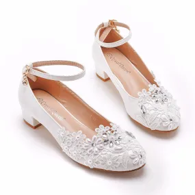 Women's white bridal pumps block heels low heels wedding shoes with ankle strap