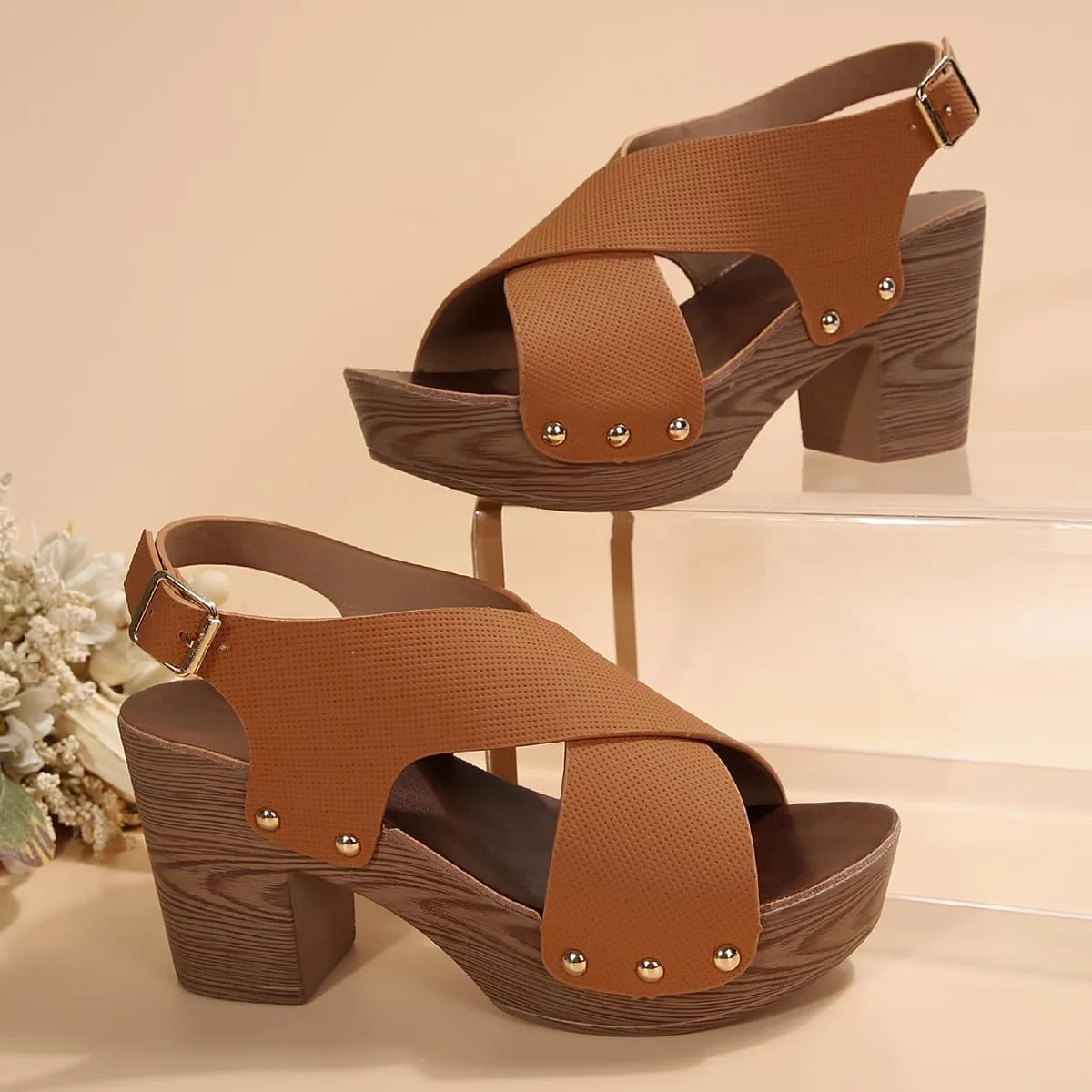 Wood Sandals for Women 2024  Trendy Peep Toe Chunky Heel Sandals with Heel Strap