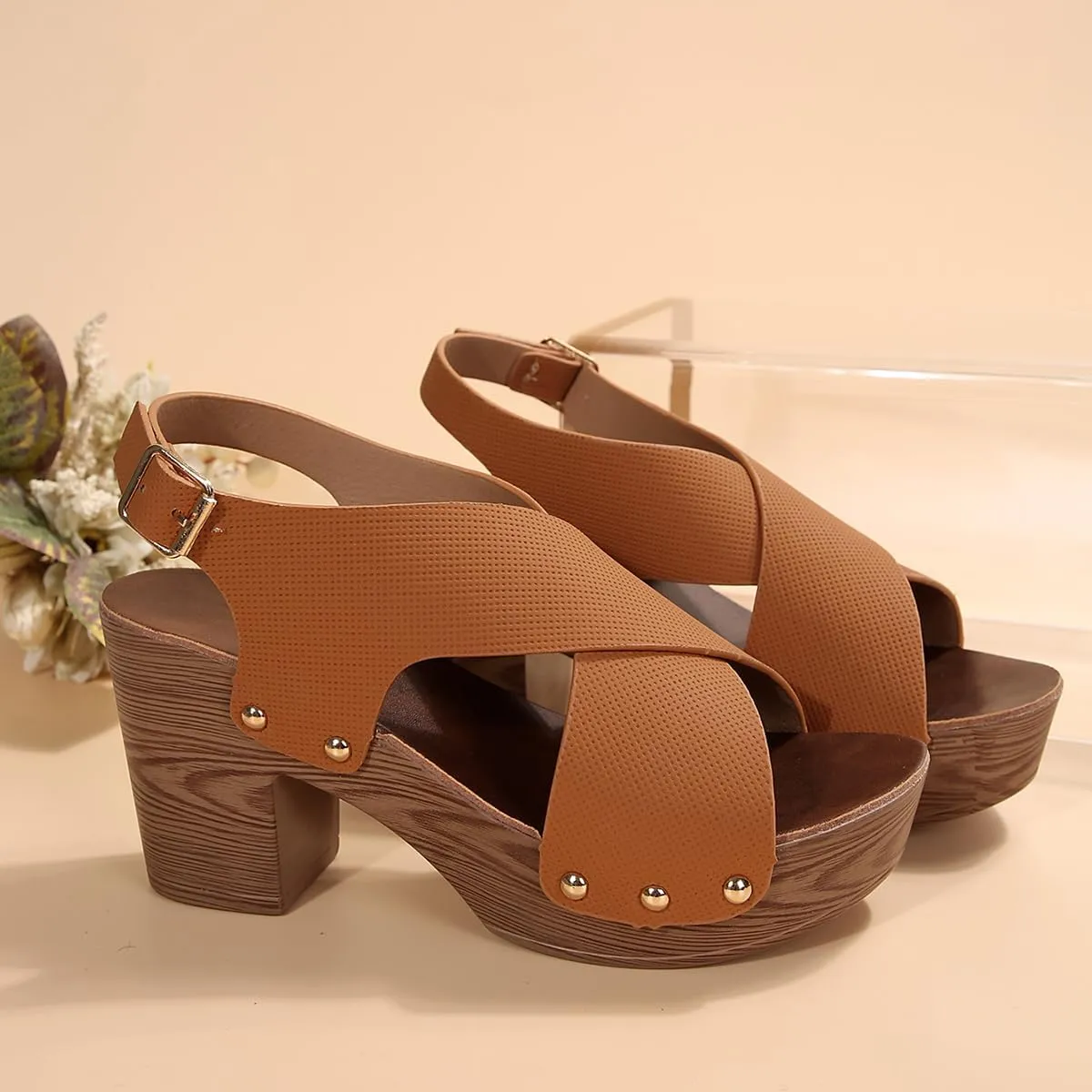 Wood Sandals for Women 2024  Trendy Peep Toe Chunky Heel Sandals with Heel Strap