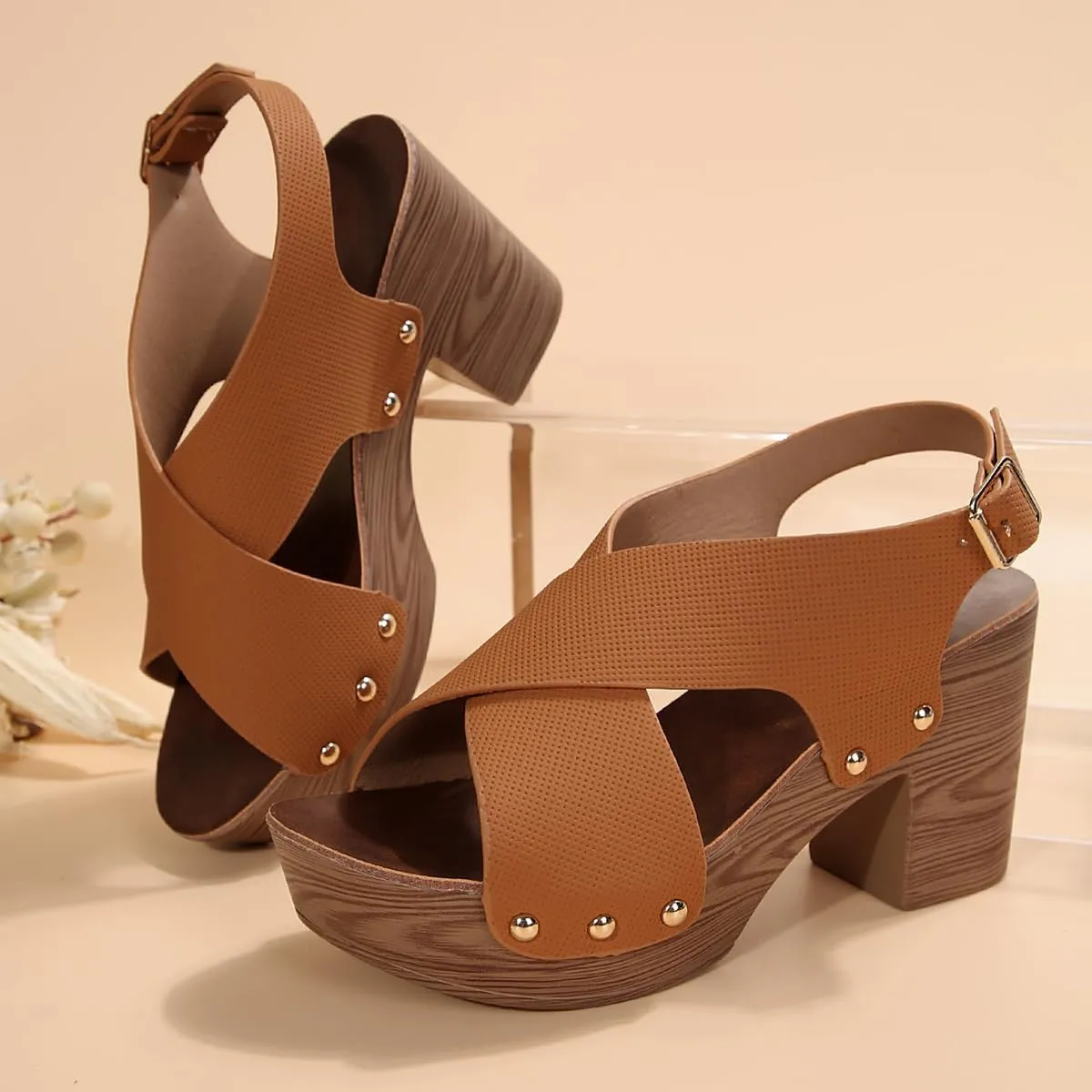 Wood Sandals for Women 2024  Trendy Peep Toe Chunky Heel Sandals with Heel Strap