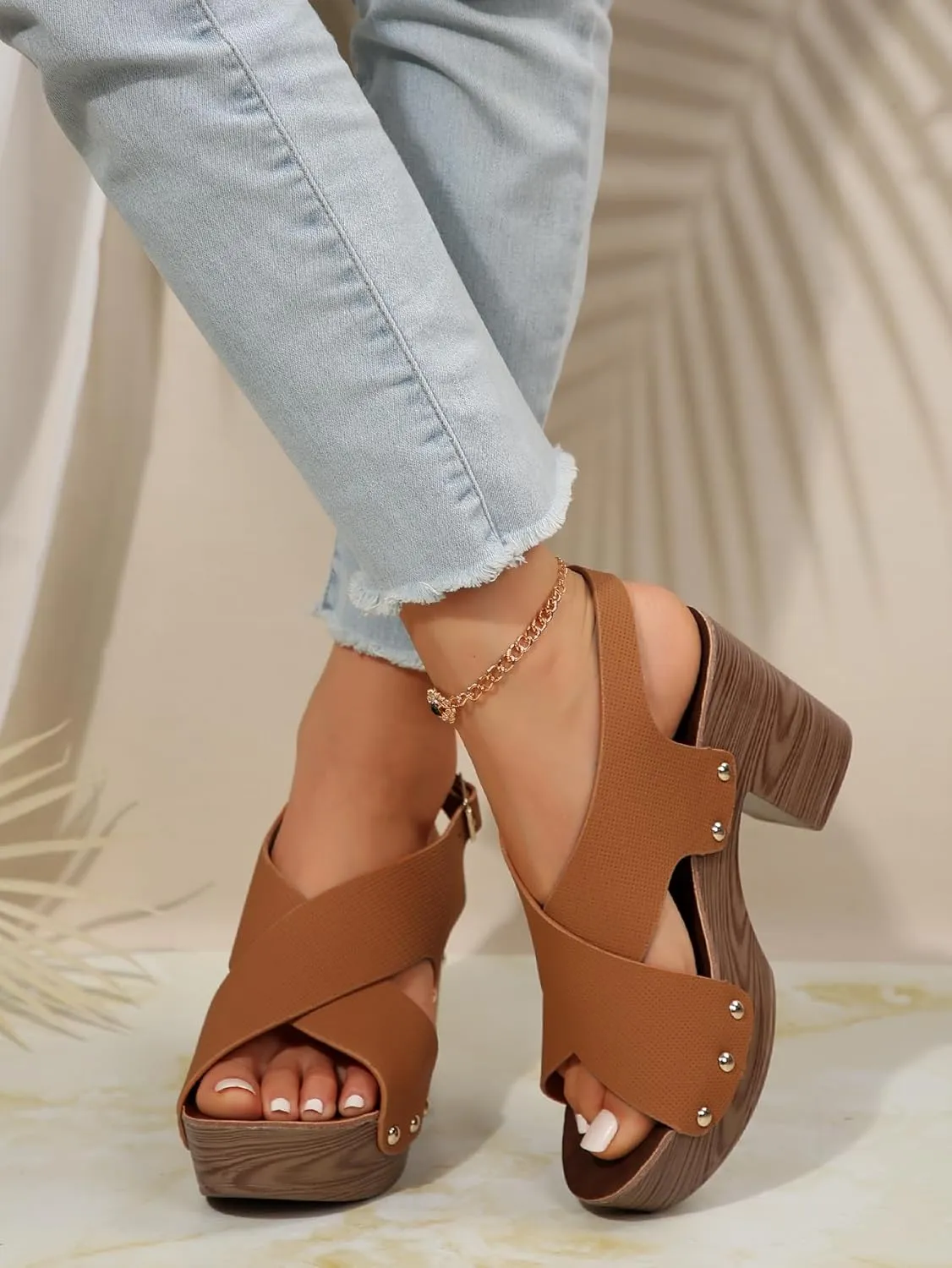 Wood Sandals for Women 2024  Trendy Peep Toe Chunky Heel Sandals with Heel Strap