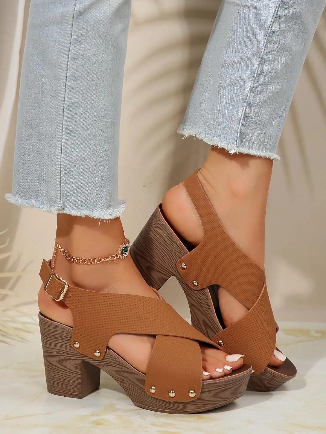 Wood Sandals for Women 2024  Trendy Peep Toe Chunky Heel Sandals with Heel Strap