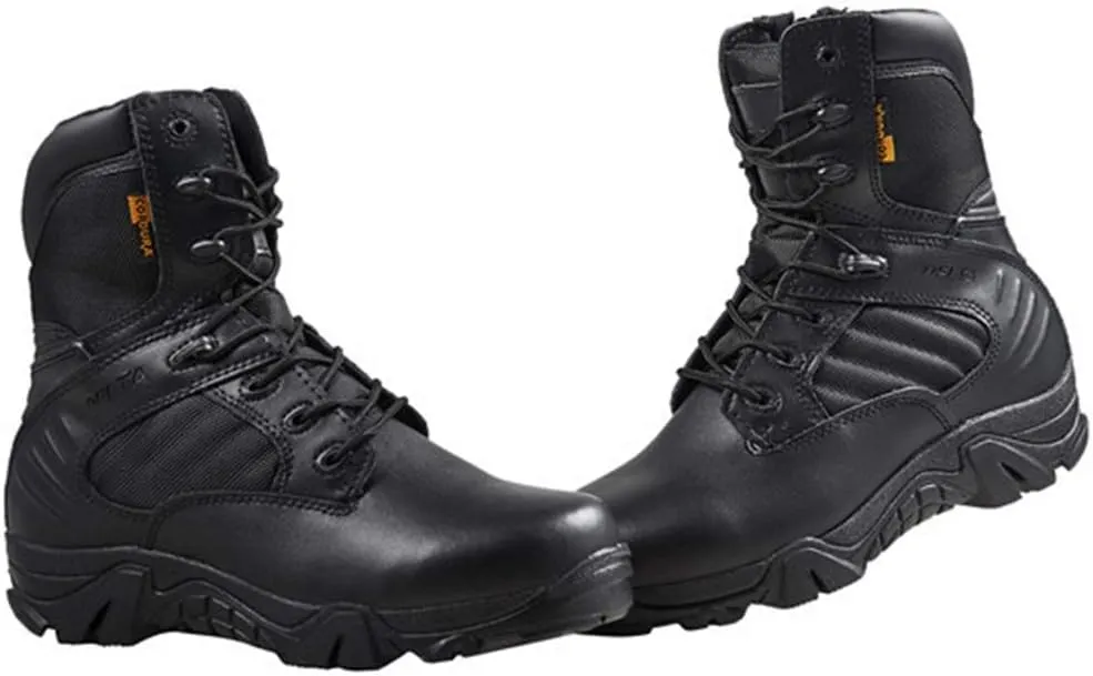 Wygwlg Mens Black Leather Combat Boots Mid Height Army Tactical Boots Durable Military Jungle Boot Action Combat Boots
