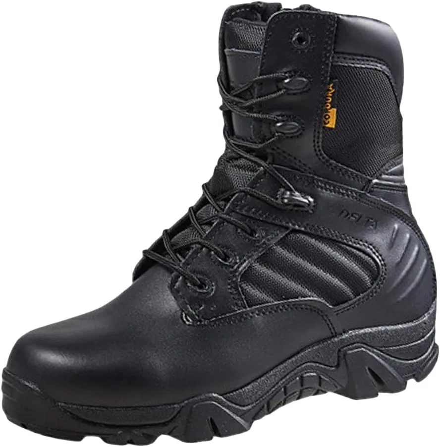 Wygwlg Mens Black Leather Combat Boots Mid Height Army Tactical Boots Durable Military Jungle Boot Action Combat Boots